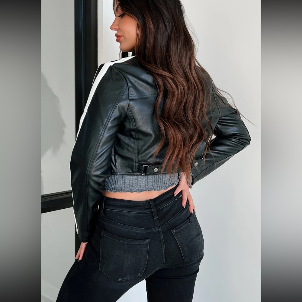 Love Tree Faux Leather Jacket Size Large Black/White Contrast Stripe Cropped - Picture 2 of 15